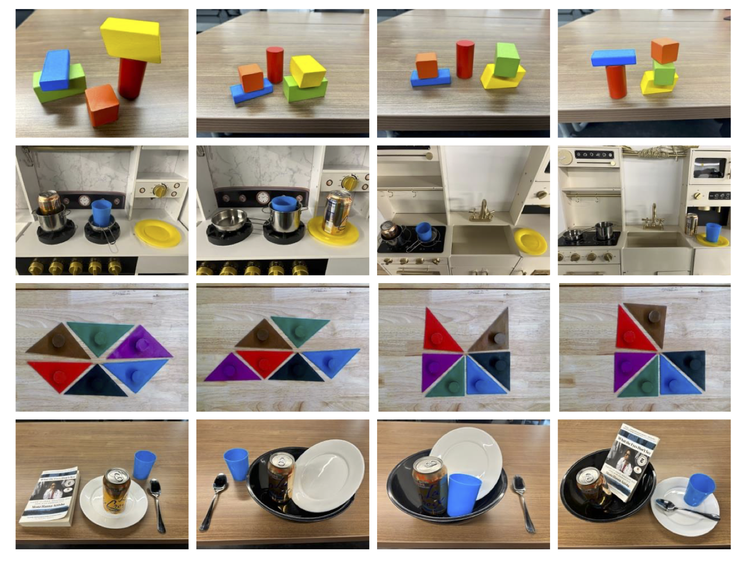 Example scenes from the four evaluation task groups: blocks, kitchen, tangram, and tableware